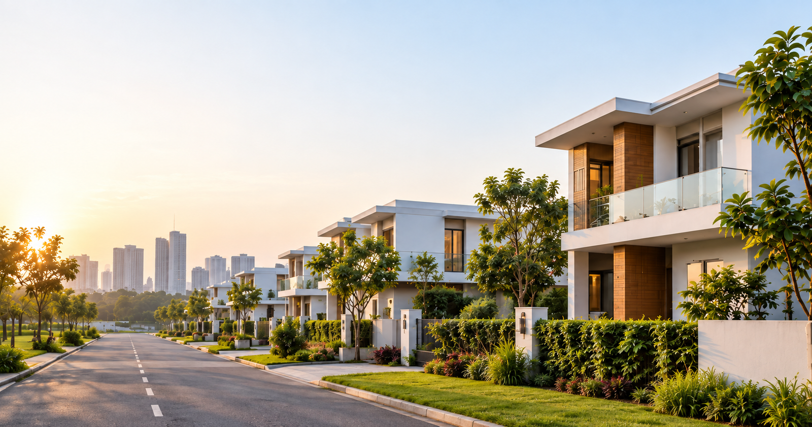Illustrative modern homes beside a landscaped residential road.