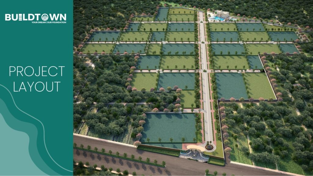 Artist’s impression of Buildtown Farms plots, roads and clubhouse.