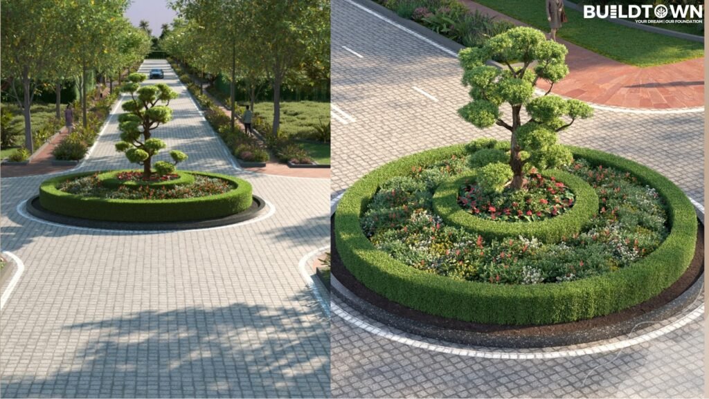 Artist’s impression of a landscaped road and roundabout at Buildtown Farms.