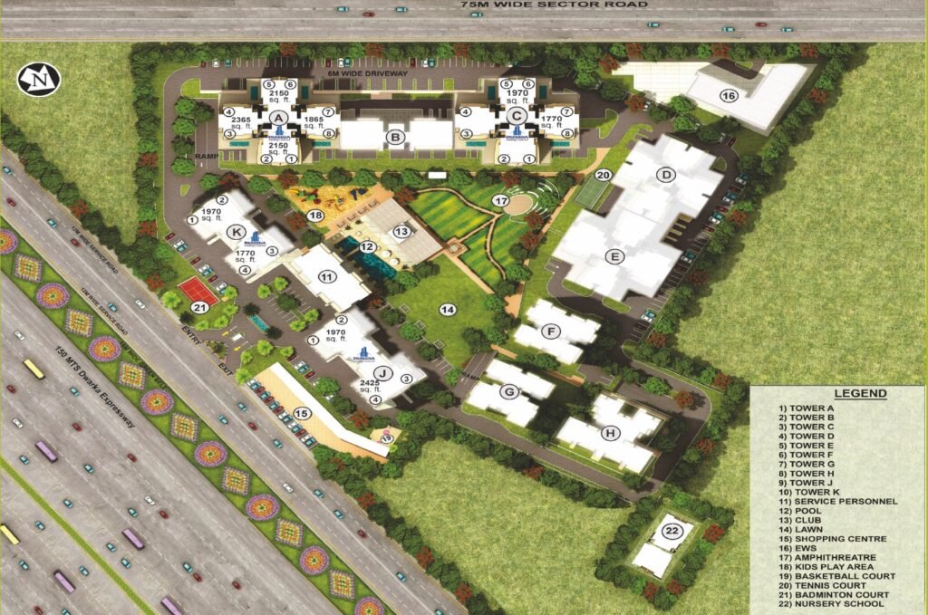 Pareena Express Heights site plan with tower labels and internal paths.