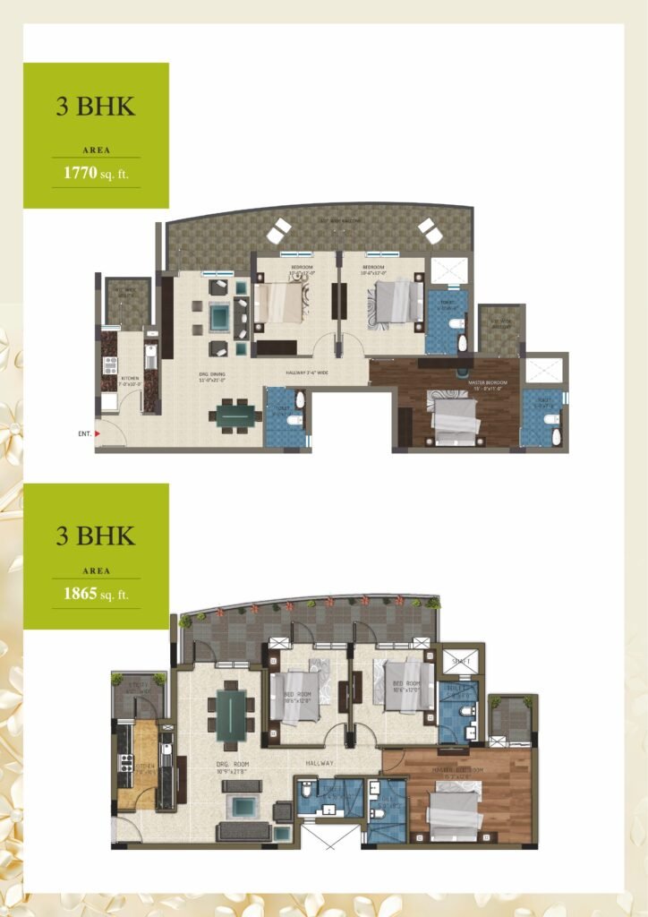 Three-bedroom apartment layouts of 1,770 and 1,865 sq ft at Express Heights.